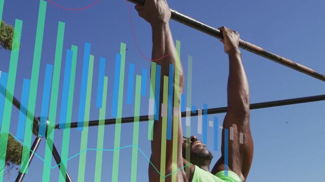Mature man gripping pull-up bar, pulling body up building fitness as animated colored bars overlay
