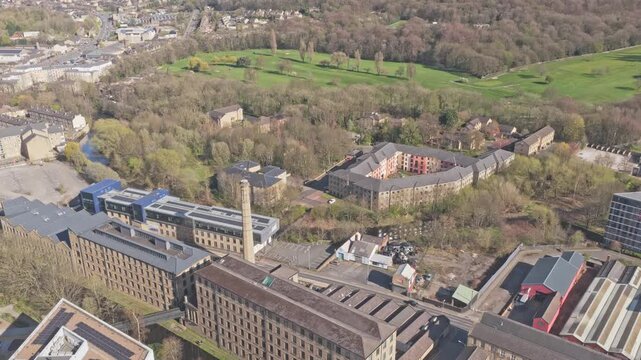 Greenhead Park and former textile mill chimney near University of Huddersfield Queensgate HD1 3DH Huddersfield Kirklees West Yorkshire England United Kingdom, drone foward glide