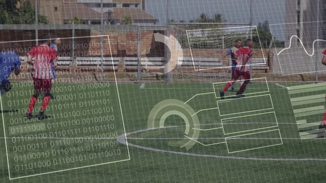 Right flank red attacker receiving ball, dribbling toward goal, seeking cross, sports HUD tracking