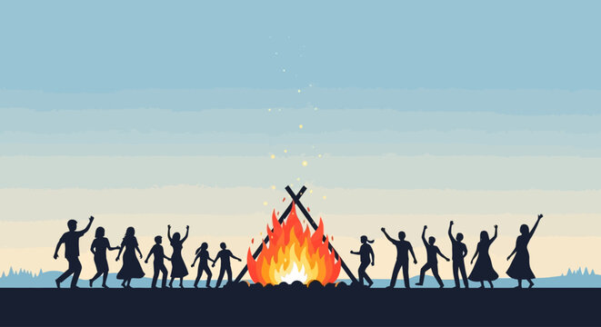 Group Of People Around Campfire Silhouettes At Dusk.