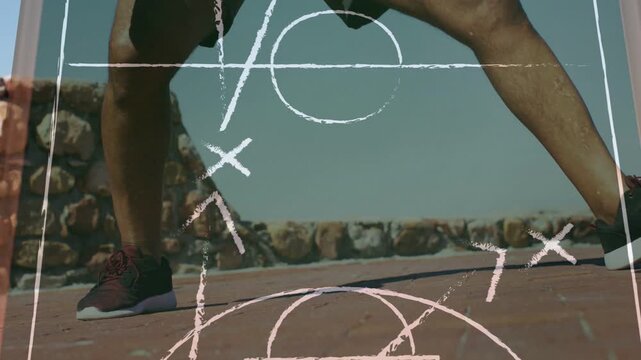 Player initiating dribble by left foot, practicing basketball footwork while chalk overlay aligning