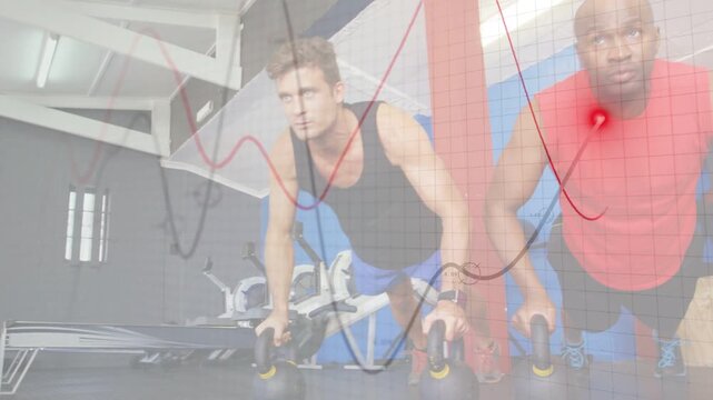 Two men doing handle push-ups training starting hotspot tracking chest camera panning left holding