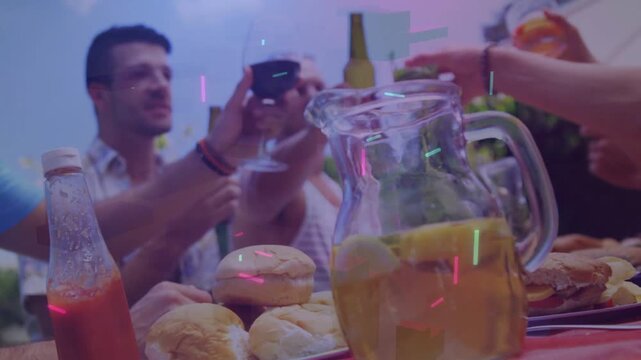 Camera pulling back, showing men toasting while neon overlays floating, pitcher front framing food