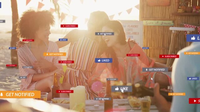 Women trio leaning, guitarist playing beach, social post gaining likes causing LIKE tags above trio