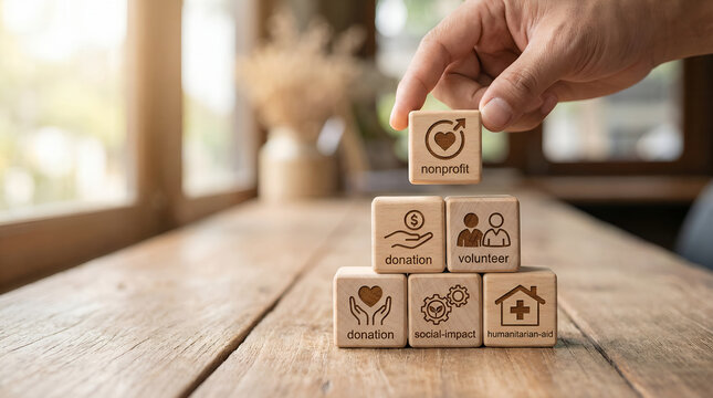 Blocks showing icons of charity, donation, volunteer, and impact, symbolizing goodwill and community support