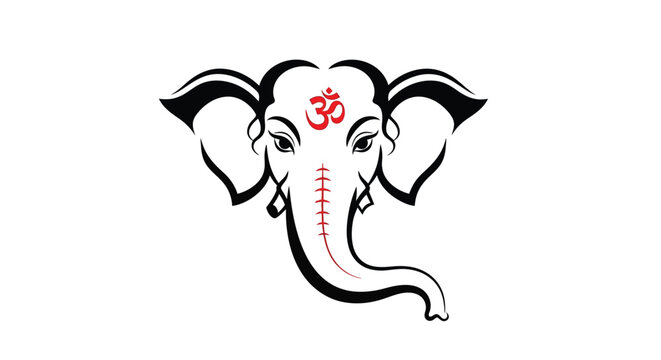 Elegant black and white line art of ganesha s head with a red tilak