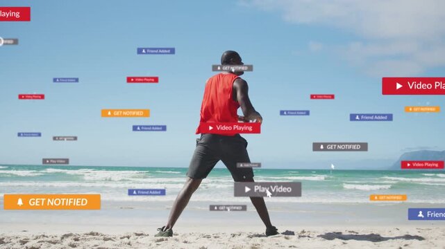 Vertical video: Man assuming wide stance and training with boxing steps while UI badges multiplying