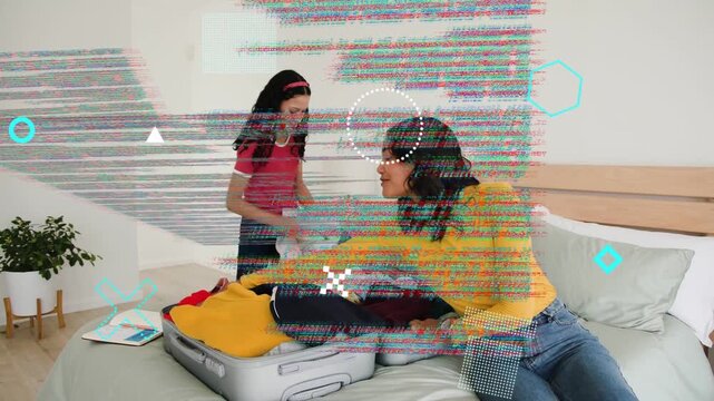 Teen handing garments while mother arranging open suitcase on bed, packing for travel using planner