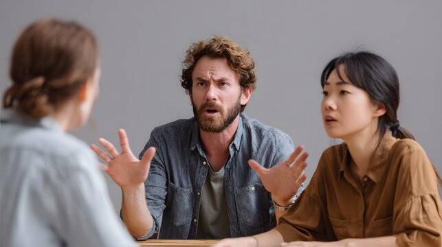 Three individuals engage in an animated conversation around a table