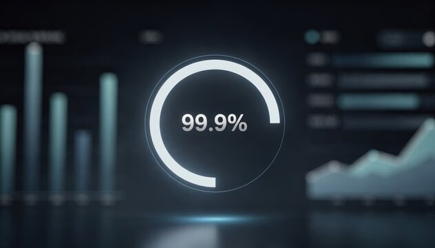 Focused medium shot of an uptime indicator on a cloud status dashboard showing 99.9% stability set against a softly blurred backdrop of other service metrics.