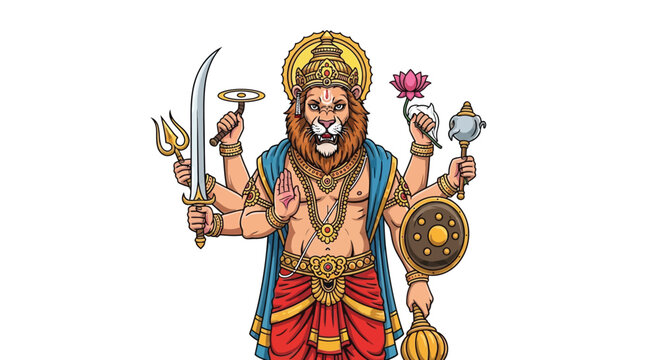 Narasimha the fierce man lion avatar of Vishnu depicted in vibrant detail