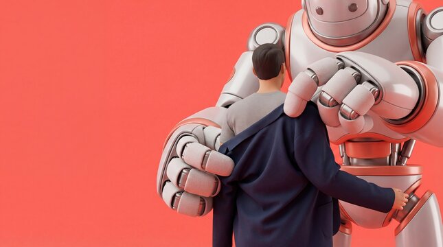 3D robot assistant helping man to put on suit jacket