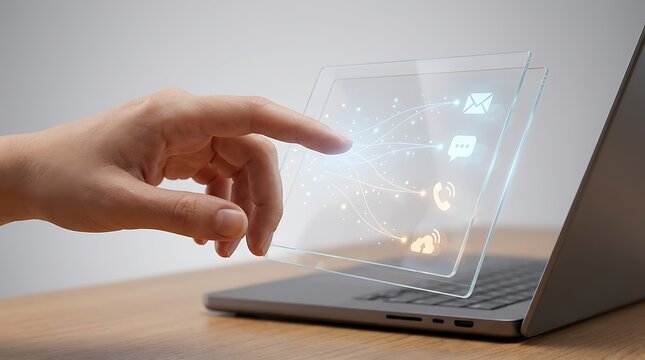 Tangan menyentuh layar transparan dengan ikon komunikasi di atas laptop