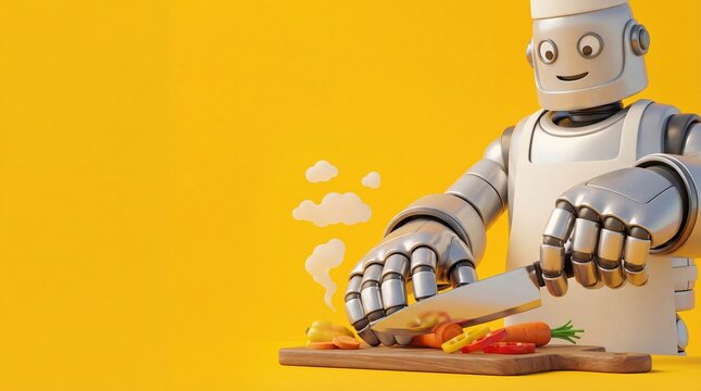 3D robot chef chopping fresh vegetables on cutting board