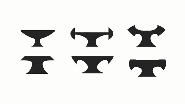 Collection of six black, abstract shapes resembling anvils or crossbars with varied stylistic designs on white