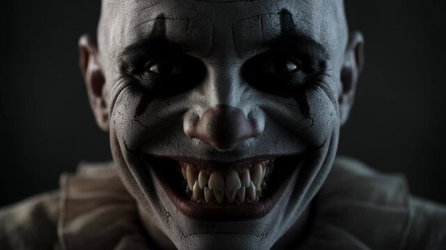 An intensely unnerving close-up of a sinister horror clown, featuring a wide, wicked grin and razor-sharp fangs, piercing through the darkness, evoking a deep sense of dread and fear