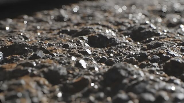 Closeup Macro View of Sparkling Mica Flakes on Rough Textured Surface.