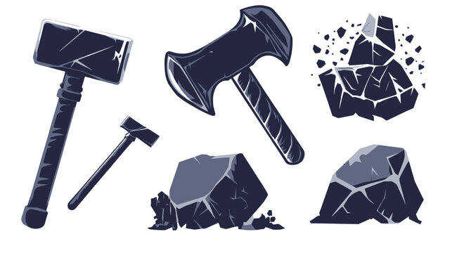 A stylized illustration features hammers and rocks, with a dark blue and grey color scheme