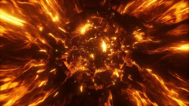Fiery tunnel with intense energy surge and flowing, explosive light streaks
