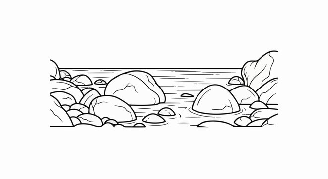 A stylized line drawing depicts a calm body of water with various rounded stones