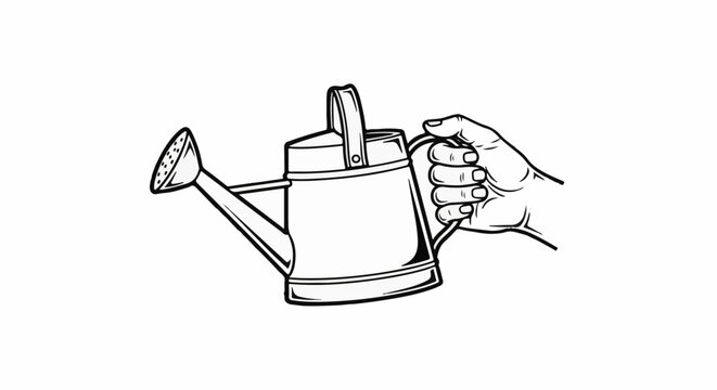 A hand holds a watering can with a spout and showerhead