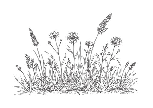 Black and white of wild grasses and wildflowers line nature
