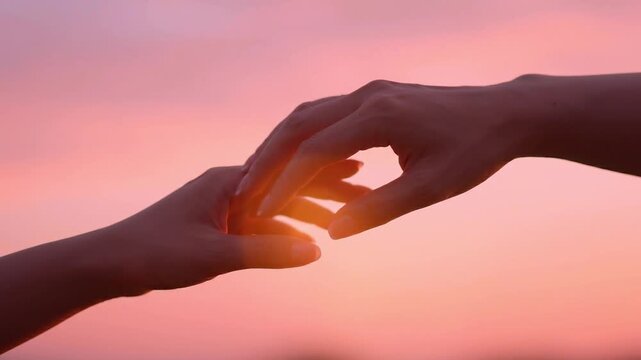Two hands delicately approach each other, fingertips almost making contact, bathed in the tranquil light of a beautiful twilight sky.