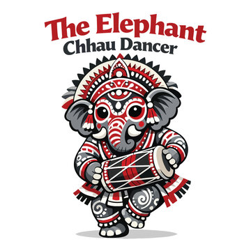 Elephant Chhau Dancer mascot emblem with ornate headdress, mask rhythm, and festive tribal costume, celebrating folk performance, parade energy, and cultural heritage vectorbadge