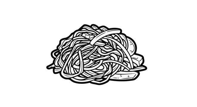 A stylized black and white drawing of a messy pile of spaghetti