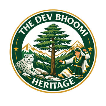 The Dev Bhoomi Heritage roundel emblem featuring ancient pine tree, majestic mountains, and leopard guardians, representing tribal ritual blessing, sacred culture, protection vectorHD