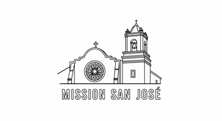 Fototapeta premium Stylized line art of a historic mission building with a bell tower