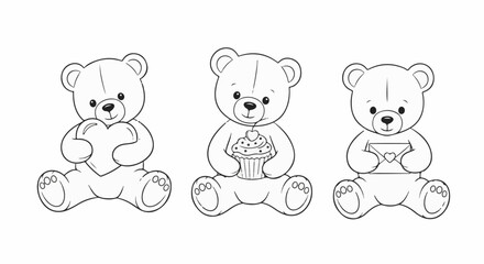 Obraz premium Three line art teddy bears sit holding a heart, a cupcake, and an envelope