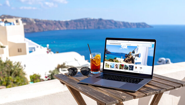 Remote work with a view. A laptop, iced tea, and sunglasses sit on a terrace overlooking the Aegean Sea. Perfect for digital nomad, travel, freedom, and professional lifestyle concepts.