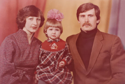 Soviet family portrait 1983 parents child studio USSR Russia vintage