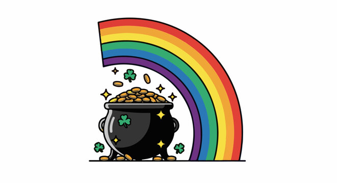 A pot overflowing with gold coins sits under a rainbow with shamrocks
