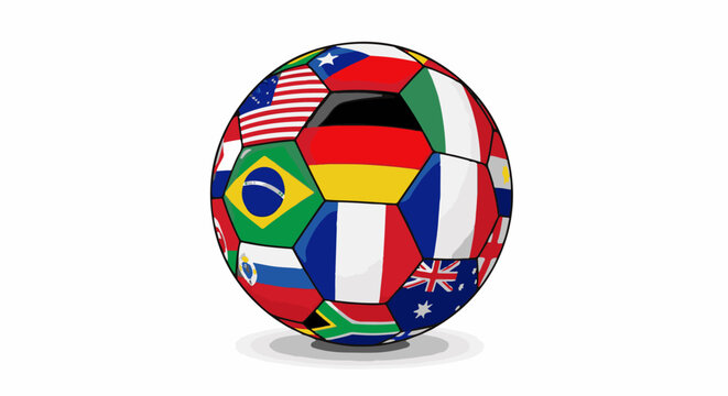 Soccer ball with panels displaying various national flags, isolated on white