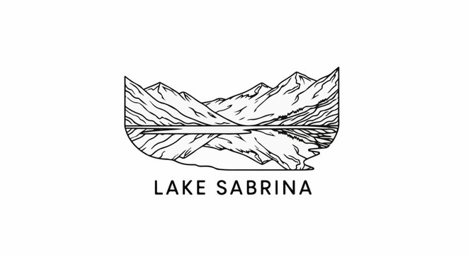 Majestic mountains reflected in a calm lake, presented in a stylized outline