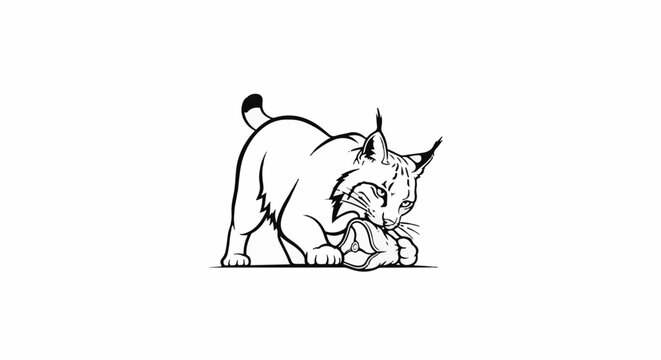 Line art of a bobcat holding and biting a fish
