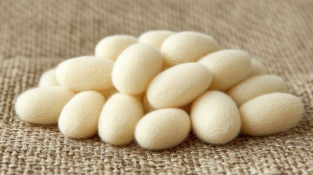 Pile of pale-cream silk cocoons on burlap