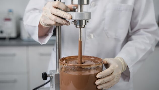 Medium shot focusing on a researcher using a rotational viscometer to assess paint consistency capturing the stirring mechanism and sample container details.
