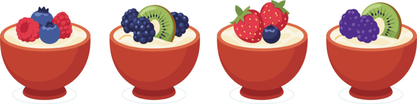 Healthy breakfast yogurt bowl set with fresh strawberries blueberries raspberries blackberries and kiwi for organic snack and dessert menu vector