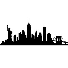 Obraz premium New York City Skyline Silhouette with Statue of Liberty and Brooklyn Bridge, Minimal Black Cityscape Illustration