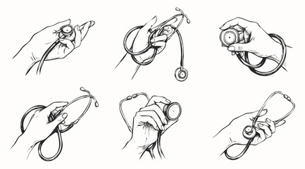 Fototapeta premium Hand Drawn Professional Illustration Set of Hands Holding Medical Stethoscope