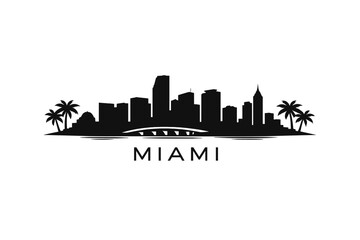 Obraz premium Miami Skyline Silhouette with Palm Trees in Minimalist 2D Flat Vector Style Coastal City