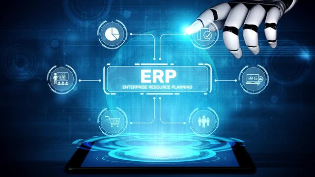 ERP platform visual showing centralized system for enterprise resource planning, improving integration, data flow, business efficiency, finance, inventory, and human resources. Muxer