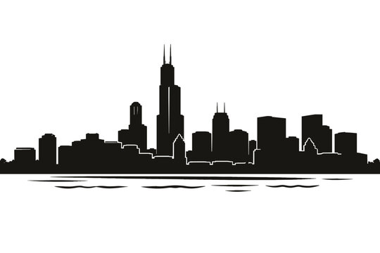 Chicago Skyline Silhouette with Water Reflection in Minimalist 2D Flat Vector Style
