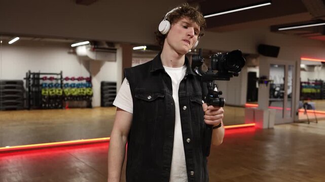 Videographer adjusts reflector and stabilizer preparing for professional filming focusing on lighting control composition and setup process in modern indoor studio environment before shooting begins