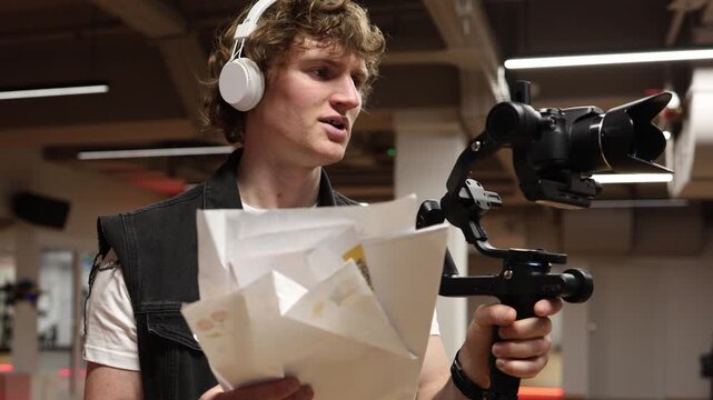 Videographer films using improvised paper light modifiers showing low budget production approach focusing on creativity resourcefulness and practical solutions in indoor studio filming environment