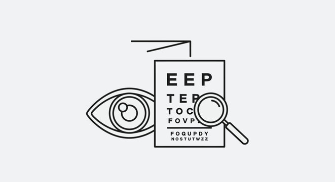 Eye exam chart with magnifying glass and eye icon.