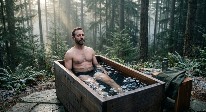 A calm athletic man sitting inside a modern wooden outdoor ice bath, surrounded by a misty pine forest in the early morning. Ice cubes floating in the water. Cryotherapy, cold plunge, biohacking